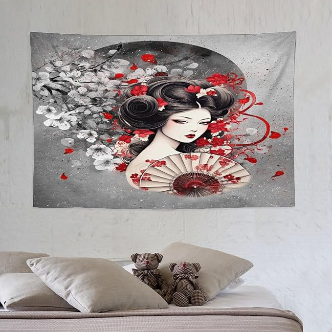 Japanese Geisha Tapestry Asian Red Cherry Blossom Red Sun Traditional Kimono Folk Tapestries Home Decor for Living Room Bedroom Apartment Farmhouse Dorm 60"x40"-Ruum Studio Home