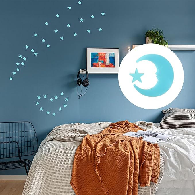 100 Stars and 1 Moon Glow in The Dark Luminous Fluorescent 3D Plastic Glow Stars Moon for Ceiling, Glowing Wall Stickers Create a Realistic Starry Sky, Room Decorations (Blue)-Ruum Studio Home