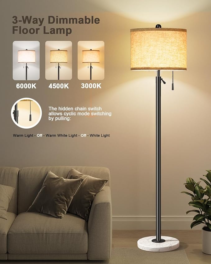 Floor Lamp for Living Room - Adjustable Height Standing Lamp with Marble Base & Linen Shade - Tall Pole Floor Light with 3 Color Temperatures Bulb for Bedroom, Reading - Easy Assembly-Ruum Studio Home