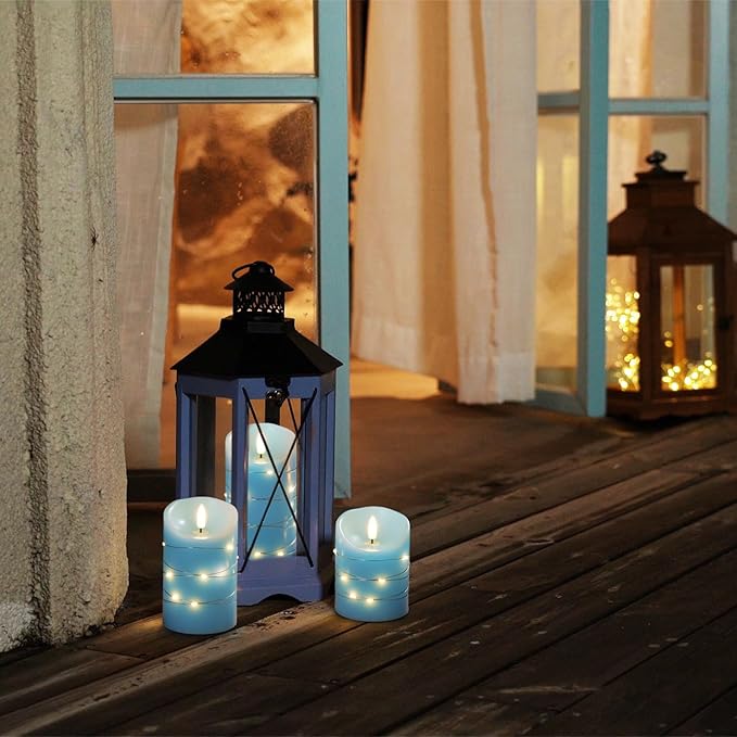 Homemory Flameless Candles with String Lights, 3 Pack Embedded Fairy String Lights LED Candles, Electric Flickering Candles with Remote Control and Timer, Real Wax, Blue-Ruum Studio Home