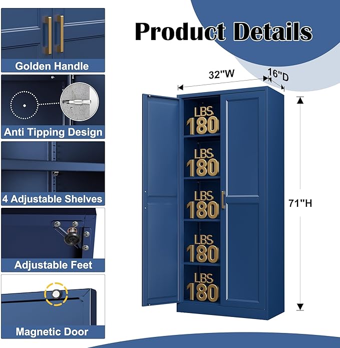 Kitchen Pantry Cabinet,71”Blue Metal Pantry Storage Cabinets with Doors and 4 Adjustable Shelves,Kitchen Cabinet with 2 Gold Handles,Tall Cabinet for Livingroom,-Ruum Studio Home