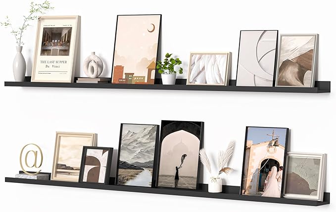 Heimlove Picture Ledge Shelf, Floating Shelves Set of 2, 72 Inches Long Large Picture Shelf for Wall with Ledge, Kids Bookshelf Wall Mounted for Living Room Bedroom Decor Books Photo Frames, Black-Ruum Studio Home