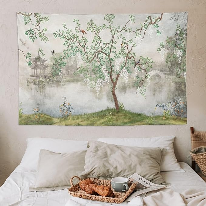 HZOHNAGO Japanese Tapestry Tree Misty Garden Lake Printed Wall Tapestry Ink Painting Wall Hanging for Bedroom Living Room Dorm 60" W x 40" H-Ruum Studio Home