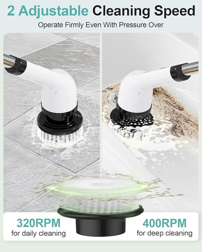 Electric Spin Scrubber, Cordless Shower Scrubber Rotary Floor Brushes & Pad Drivers with 9 Brush Heads - 2H Dual Speed, IPX7 Waterproof Extension Handle for Bathroom Tile Car Cleaning, Whtie-Q-Ruum Studio Home