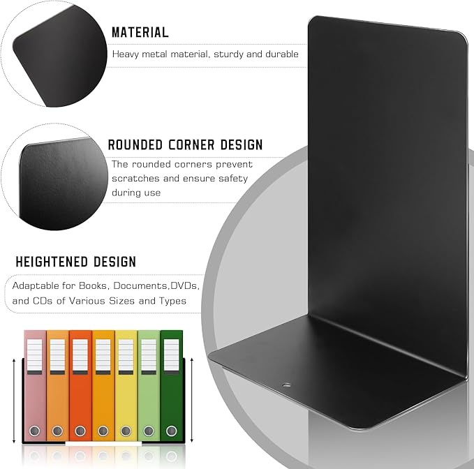 VONDERSO Metal Bookends Black, 2 Pairs Decorative Metal Book End Supports for Shelves Gauge Metal Book Divider Stopper Holders with Non-Slip Anti-Scratch Rubber Pads-Ruum Studio Home