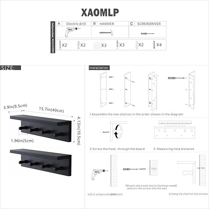 Entrance Coat Rack ，Coat Hooks, Wall-Mounted Wooden Hook Rack, Wall-Mounted Shelves are Very Suitable (Black Finish-2)-Ruum Studio Home