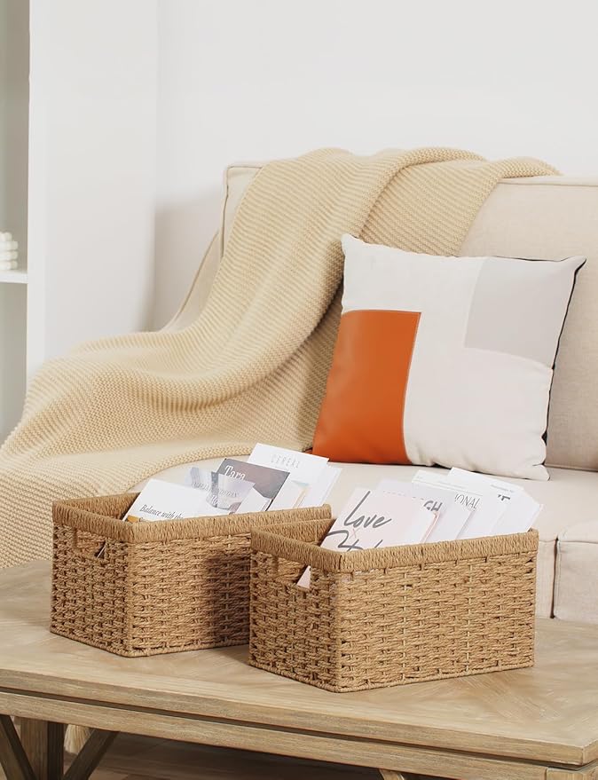 StorageWorks Round Paper Rope Storage Baskets, Rectangular Wicker Baskets with Built-in Handles, Medium, 13 ¼ x 8 ½ x 7 ¼ inches, 2-Pack-Ruum Studio Home