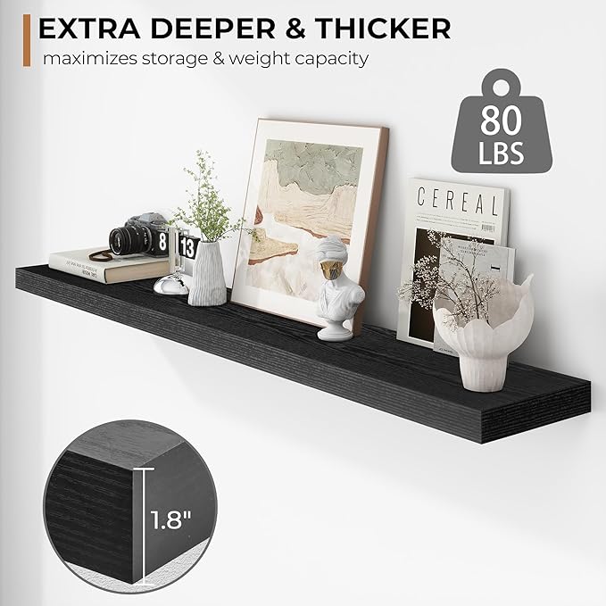 Fun Memories 55 Inch Floating Shelves - 9 Inch Deep Rustic Wooden Wall Shelves - Extra Deeper & Thicker Wall Mounted Storage Shelf for Living Room Kitchen Farmhouse - Rustic Black-Ruum Studio Home