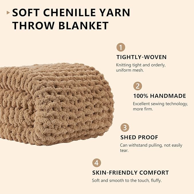 L'AGRATY Chunky Knit Blanket Throw: 60''x80'' Chenille Chunky Knitted Throw Blanket for Bed Couch - Handmade Thick Big Cable Knit Blanket - Large Crochet Rope Blanket for Home Decor(Tan)-Ruum Studio Home