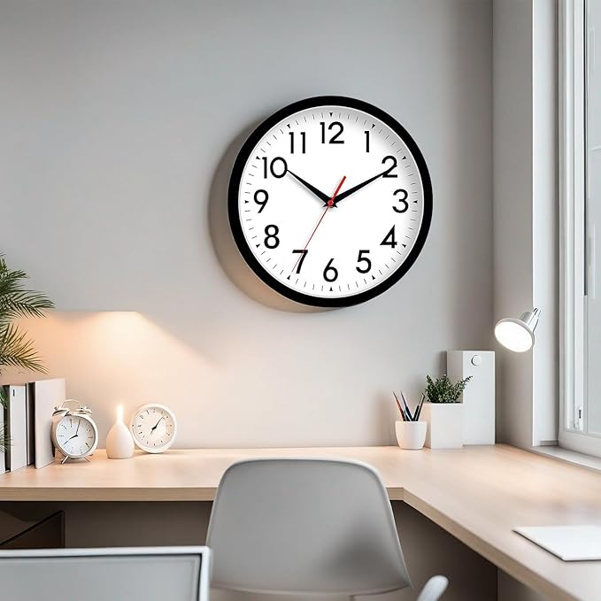 Wall Clock Analog 10 Inch Silent Non Ticking Battery Operated Modern Decorative for Living Room Kitchen Office Bedroom Bathroom(Black)