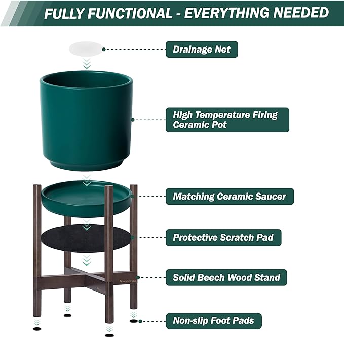 D'vine Dev Ceramic Planter with Walnut Color Stand - 10 Inch Modern Round Flower Pot with Wood Planter Holder, Teal, 55-B-X-4-Ruum Studio Home