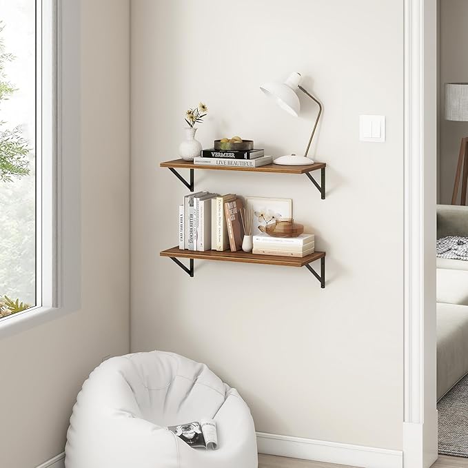 Fun Memories 27.5" W x12 D Floating Shelves, Large Wall Shelves 27.5 Inch Long, Set of 2, Farmhouse Wood Floating Shelf Wall Mounted, Deep Shelves for Bathroom, Living Room, Kitchen, Walnut Color-Ruum Studio Home