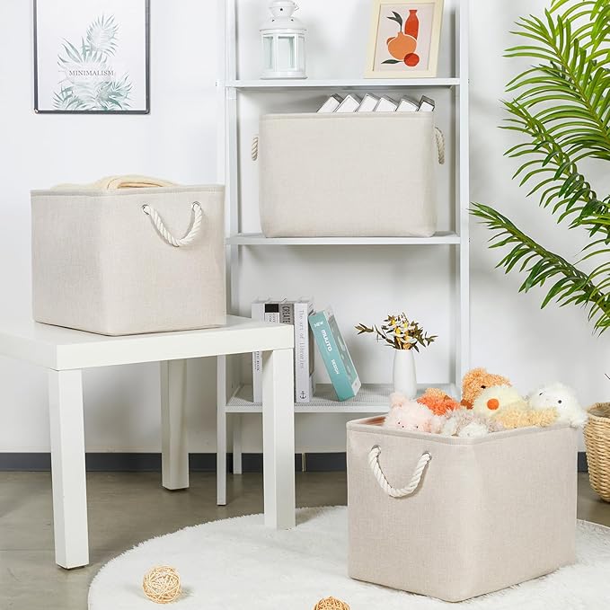 Bidtakay Large Storage Baskets for Shelves 3 Pack Fabric Storage Bins for Organizing Linen Collapsible Organizer for Closet-Light Biege-Ruum Studio Home