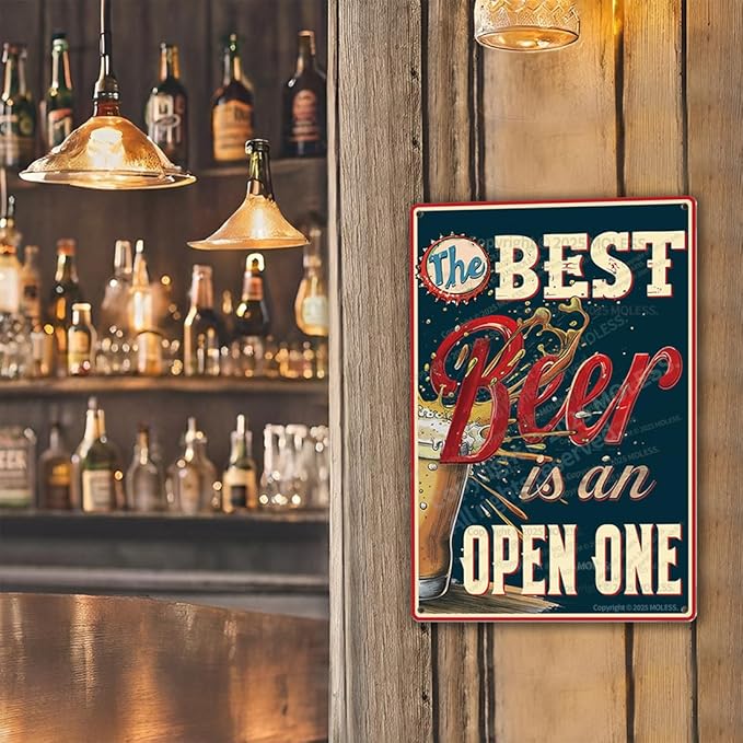 "The Best Beer is an Open One" Funny Bar Sign or Man Cave Decor | 12x8″ Durable Vintage Metal Beer Signs Wall Decorations for Home Bar/Basement/Garage/Mancave, 2347-Ruum Studio Home