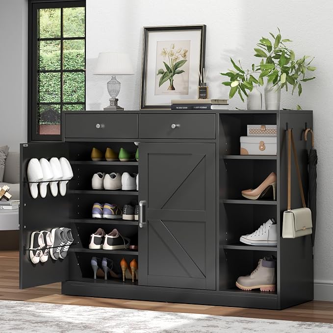Loomie 5-Tier Shoe Cabinet with 4 Side Cubbies, Farmhouse Shoe Rack Cabinet with 6 Adjustable Shelves & 2 Drawers, Freestanding Shoe Storage Cabinet with 4 Brackets & 2 Hooks for Entryway (Black)-Ruum Studio Home