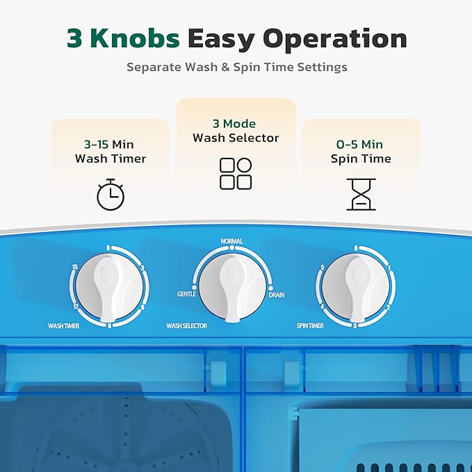 Greenvelly Portable Washing Machine, 16 Lbs Compact Mini Washer and Dryer Combo, Semi-automatic Twin Tub Washer with Drain Pump for Dorms, Apartments, RVs (Blue)-Ruum Studio Home