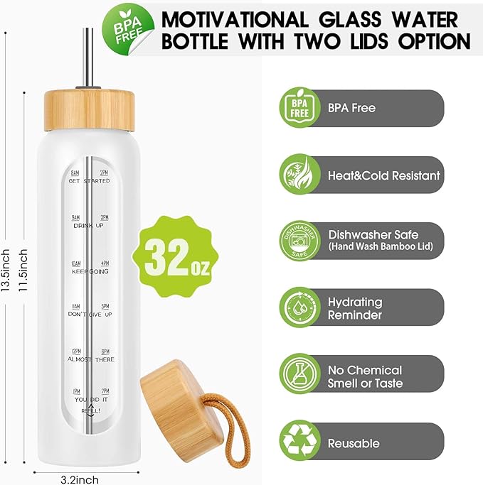 32 oz Glass Water Bottle with Straw - Motivational Time Marker & Silicone Sleeve - Reusable Tumbler Includes 2 Bamboo Lids & Fruit Infuser - 1 Pack-Ruum Studio Home