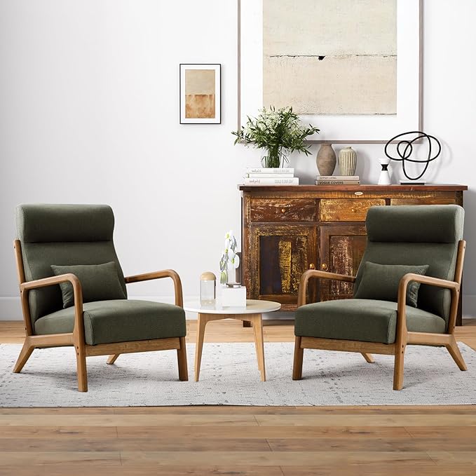 INZOY Mid Century Modern Accent Chair Set of 2, High Back Reading Armchair with Wood Frame, Upholstered Living Room Chairs with Waist Cushion, Single Lounge Arm Chair for Bedroom Sunroom, Green-Ruum Studio Home