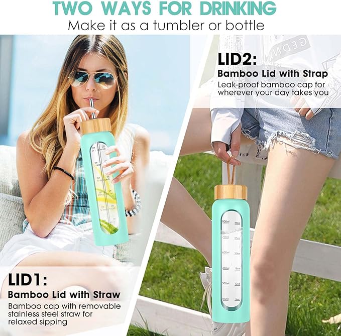 32 oz Glass Water Bottle with Straw - Motivational Time Marker & Silicone Sleeve - Reusable Tumbler Includes 2 Bamboo Lids & Fruit Infuser - 1 Pack-Ruum Studio Home