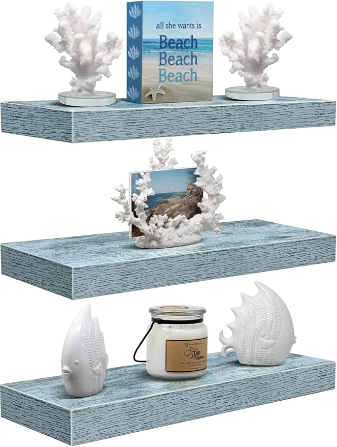 Sorbus Floating Shelves - 3 Pack 16 Inch Rustic Blue Wall Shelves for Bedroom, Kitchen, Living Room, Bathroom Shelves, Home Decor, Office - Floating Shelf for Trophies, Books, Frames, Toilet Paper-Ruum Studio Home