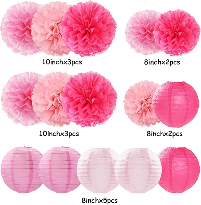 Light-Hot Pink Party-Decorations Paper-Flowers Lanterns - 15pcs Graduation Girl Birthday Decor Tissue Pom Poms Streamers, Bridal Baby Shower Wedding Bachelorette Valentine Hanging Supplies Hugfond-Ruum Studio Home