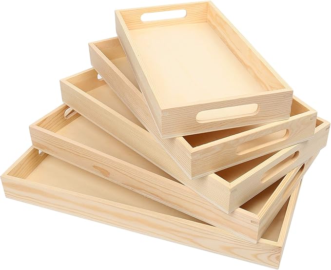 LotFancy Wooden Nested Serving Trays, Set of 5, Unfinished Natural Wood Trays with Handles, for Craft and Decor, Food Organizer for Breakfast, Lunch, Dinner-Ruum Studio Home
