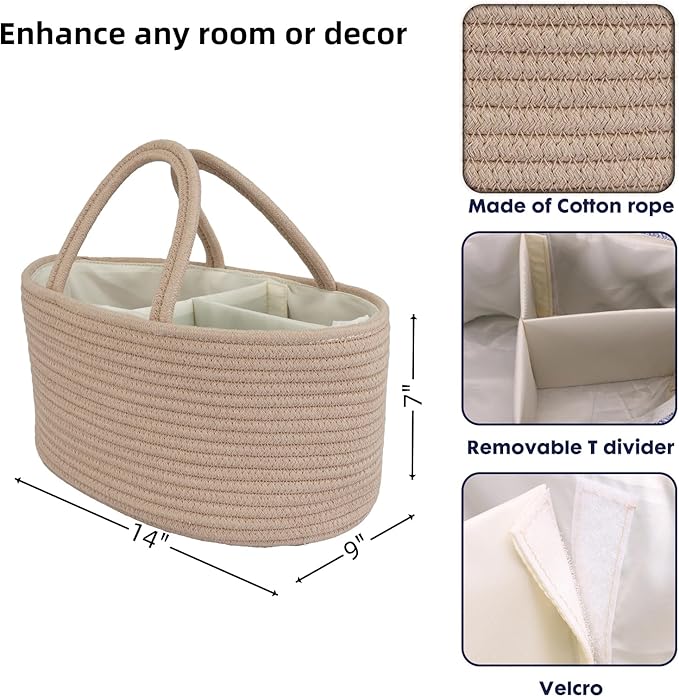 Diaper Caddy Organizer Cotton Rope Baby Basket Nursery Storage and Portable Tote Bag for Car Ideal Baby Shower Gifts and Registry Must-Have for Newborn Essentials light konjak-Ruum Studio Home