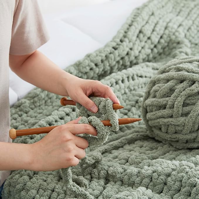 Amélie Home Chunky Knit Throw Blanket for Couch, Soft Chenille Crochet Blanket for Sofa, 50"x60", Sage Green-Ruum Studio Home