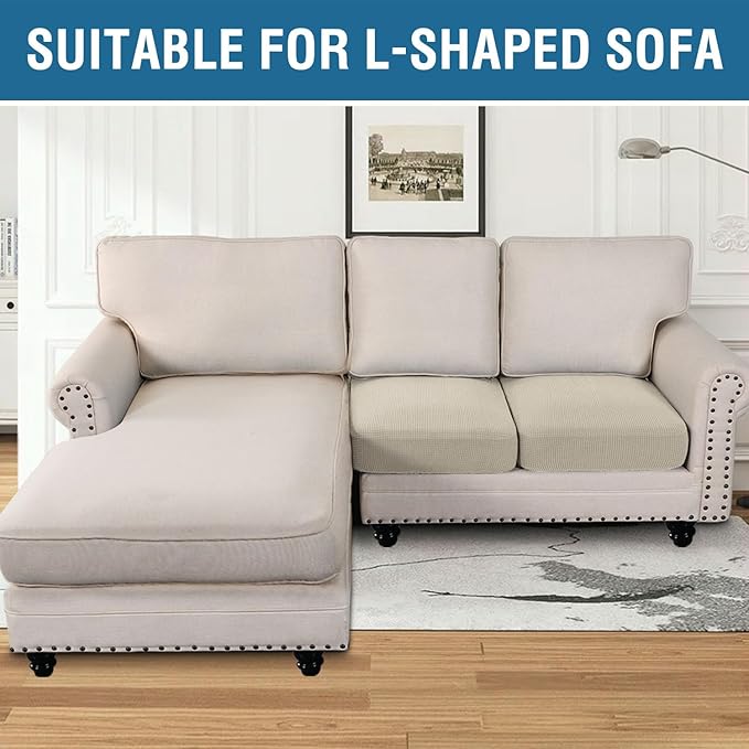 H.VERSAILTEX Super Stretch Individual Seat Sofa Covers Couch Slipcover Sets Thick Jacquard Textured Twill Fabric (2 Piece Medium Sofa Cushion Covers, Natural)-Ruum Studio Home