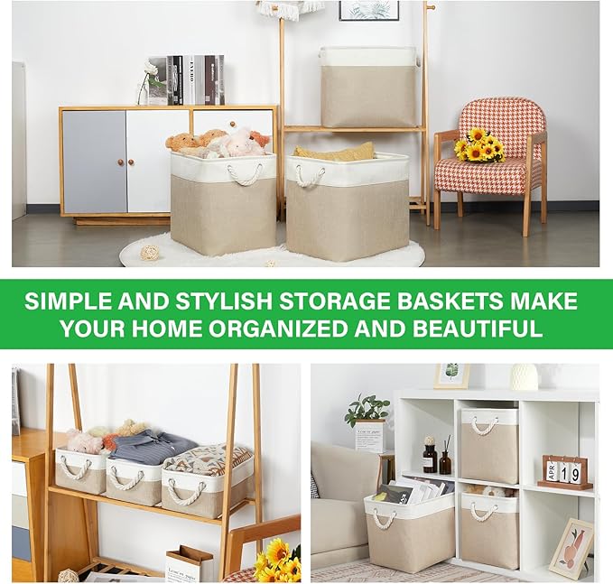 Bidtakay Extra Large Storage Baskets for Organizing 17x12x15.1 inch 3-Pack Fabric Closet Organizers Storage Bins with Handles Foldable Storage Baskets for Shelves Clothes XL-White&Beige-Ruum Studio Home