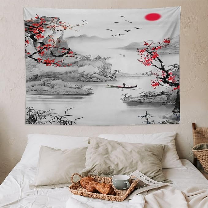 Cherry Blossoms Tapestry,Japanese Red Landscape Watercolor Abstract Art Tapestry,Asian Japanese Wall Tapestry, Nature Landscape Tapestries for Bedroom Living Room Decor 80"x60"-Ruum Studio Home