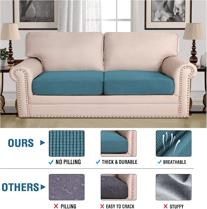 H.VERSAILTEX Super Stretch Individual Seat Cushion Covers Sofa Covers Couch Cushion Covers Slipcover Sets Thick Jacquard Textured Twill Fabric (2 Piece Large Sofa Cushion Covers, Storm Blue)-Ruum Studio Home