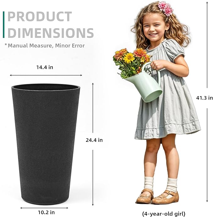 24" Tall Planters for Outdoor Plants, Set of 2 Heavy-Duty Resin Flower Pots, Matte Black Leather Grain Finish, Durable & Weather-Resistant, Ideal for Garden, Patio, Yard, Porch, or Home Use-Ruum Studio Home