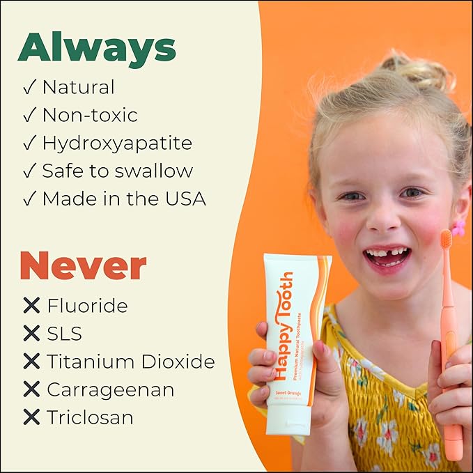 Happy Tooth Hydroxyapatite Toothpaste, Fluoride Free, Natural Whitening for Kids, Toddlers and Adults, SLS Free, Enamel Safe, Dentist Formulated with Clean Ingredients, Sweet Orange Flavor, 3.4oz-Ruum Studio Home