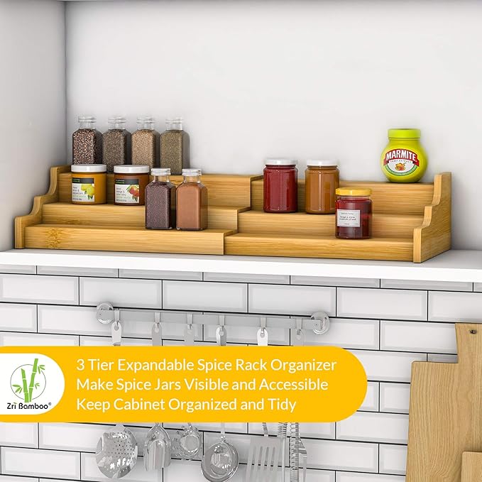 Spice Rack Kitchen Cabinet Organizer- 3 Tier Bamboo Expandable Display Shelf Yellow-Ruum Studio Home