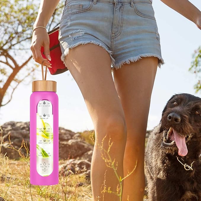 Aqulea Glass Water Bottles 32 Oz with Silicone Sleeve - BPA Free Reusable Wide Mouth Glass Motivational Water Bottles with Fruit Infuser – Leak Proof Borosilicate Water Bottle with Time Marker (Rose)-Ruum Studio Home