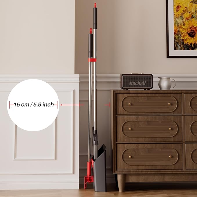 JOYMOOP Black and Red Broom and Dustpan Set, Upright Angle Design with Built-in Comb Teeth for Home, Office, Hard Floors-Ruum Studio Home