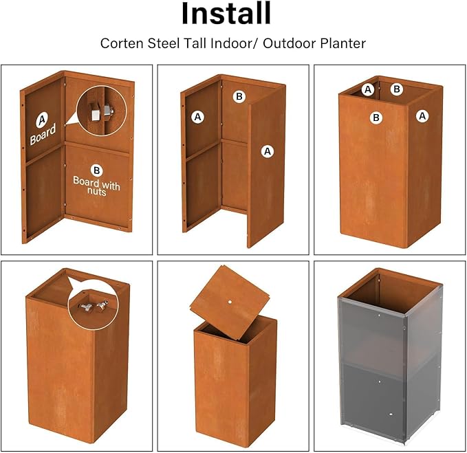 Modern Cor Ten Steel Planter – 28” Tall Planters with Removable Insert Shelf | Heavy-Duty Rust-Resistant Metal Planter Box for Patio, Porch & Garden (14x14x28in)-Ruum Studio Home