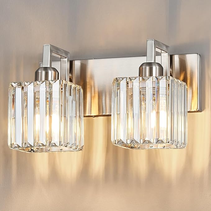 Modern Bathroom Vanity Light 2-Lights Brushed Nickel Vanity Light Crystal Wall Light Bathroom Light Fixtures-Ruum Studio Home
