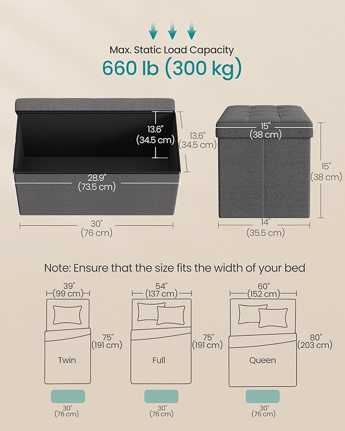 SONGMICS MAZIE Collection - 30 Inches Folding Storage Ottoman Bench, Ottoman Foot Rest, End of Bed Bench, Storage Chest, Load 660 lb, for Living Room, Bedroom, Entryway, Dark Gray ULSF47K-Ruum Studio Home