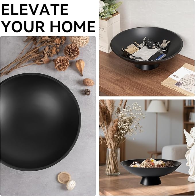 Decorative fruit bowl for Home Decor Large Modern Handicraft Key Bowl for Entryway Table Stylish Centerpiece Purse Bowl Pedestal bowl for Kitchen Counter Coffee Table(Artificial Stone Black)-Ruum Studio Home