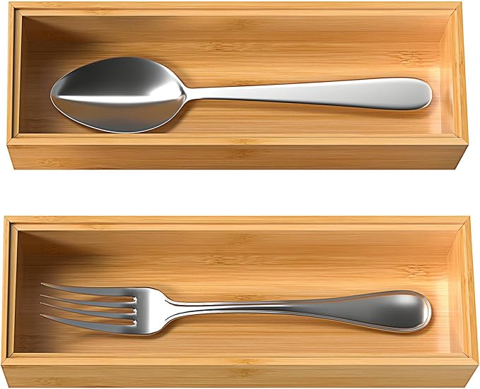 Silverware Tray for Drawer, Stackable Kitchen Bamboo Drawer Organizer 9" x 3" x 2" Set of 2-Ruum Studio Home