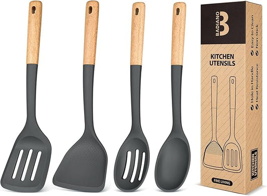 Silicone Cooking Utensils Set, Perfectly Angled for Frying, Mixing,Serving,Draining,Turning and Stirring, BPA-Free Matte Silicone, Wood Handles, Safe for Nonstick Cooking Surfaces,4 Pack (Grey)-Ruum Studio Home