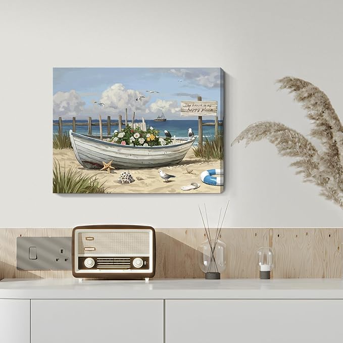 amatop Coastal Wall Art– Beach Scene Picture with Boat on Sandy Shore, Flowers and Sea Birds, Blue Ocean Seascape Themed Canvas Print Nautical Artwork for Bathroom and Bedroom Decor, Small 16x12 Inch-Ruum Studio Home