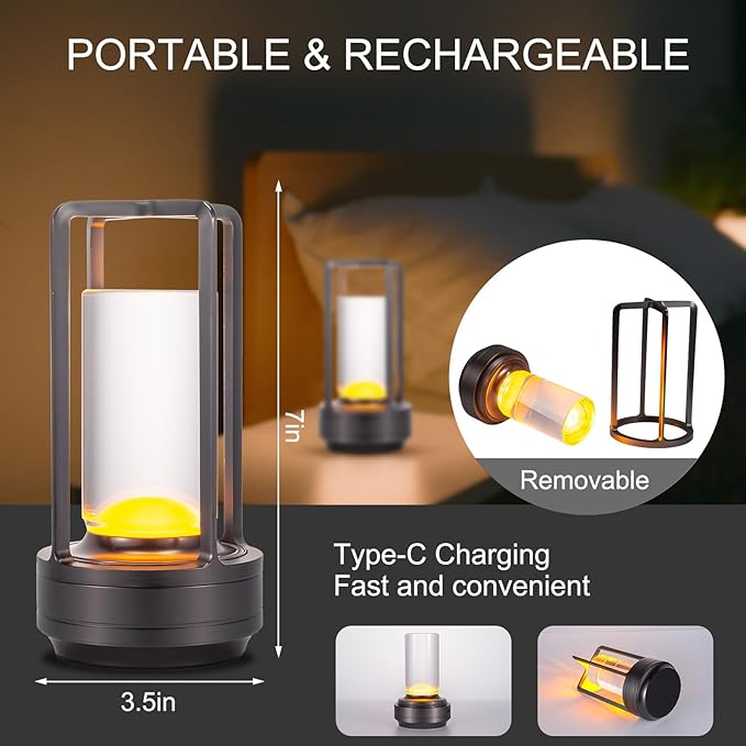 Portable Metal Table Lamp for Indoor/Outdoor ,Rechargeable Cordless LED Lamp, 3-Colour Infinitely Dimming Battery Powered Small Desk Lamp, Restaurant/Bedroom/Bar/Coffee Shop/Camping Light (Grey)-Ruum Studio Home