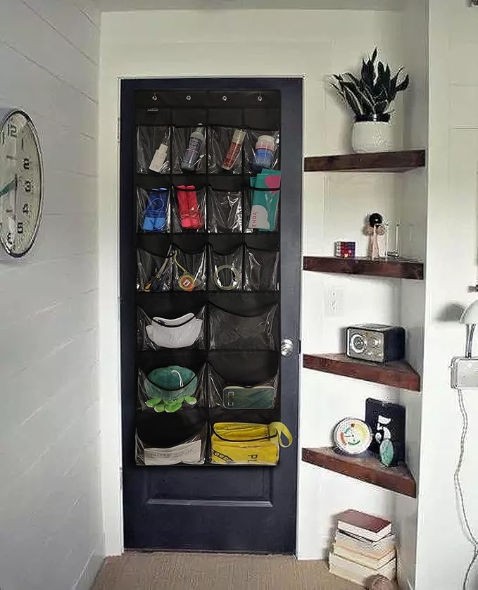 Extra Large Hanging Over Door Shoe Organizer, Closet Shoe Rack - 12+6 Crystal Pockets, 4 Hooks, Black (59"x 21.6")-Ruum Studio Home