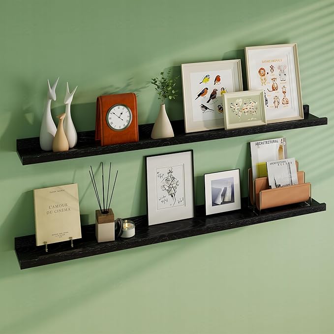 Floating Picture Ledge Shelves 55 Inch Solid Oak Wood Set of 2, Rustic Wall Storage Shelves with Lip, Kids Bookshelf, Photo & Picture Ledge Shelves for Bedroom, Living Room, Kitchen-Ruum Studio Home