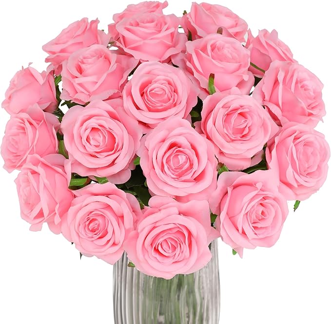 Pink Fake Roses Artificial Flowers - 16 Pcs Fake Artificial Roses Silk Flowers with Stems for Home Wedding Hotel Office Centerpiece Decor-Ruum Studio Home