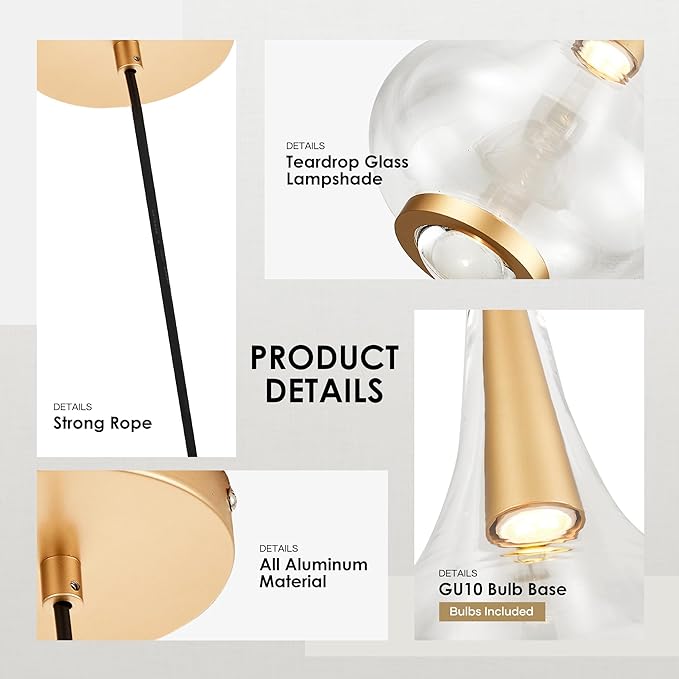 1-Light Teardrop Pendant Light, Brass Gold Ceiling Hanging Light Fxitures, LED Light Fixtures Ceiling Glass Pendant Lighting for Kitchen Island Dining Room Bar-Ruum Studio Home