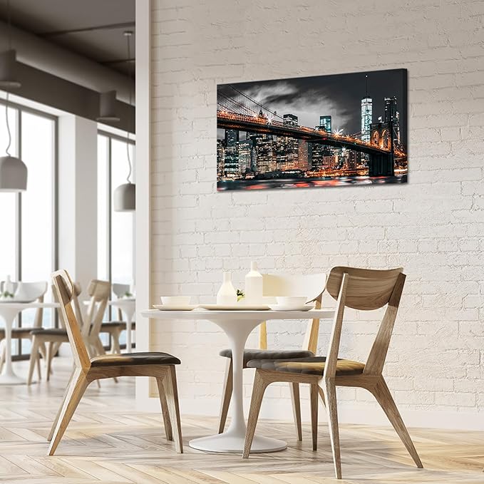 RyounoArt New York City Pictures Wall Art NYC Skyline Canvas Paintings Brooklyn Night Cityscape Prints Wall Decor Framed 20x36 Inch-Ruum Studio Home